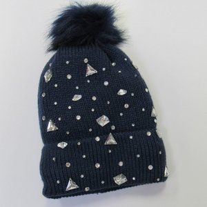 Navy Blue Warm Fleece Lined Sparkle Bling Stone Knit Winter Pom Pom Hat Beanie